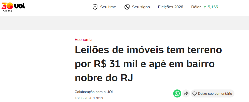 Manchete do UOL: Leilões de imóveis tem terreno por R$ 31 mil e apê em bairro nobre do RJ.